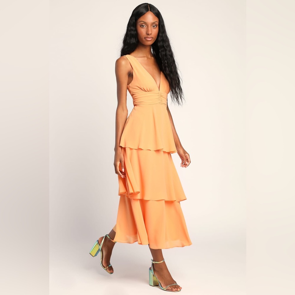 Lulus Celebration Time Light Orange Sleeveless Tiered Midi Dress